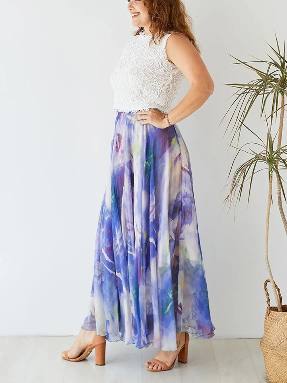 ChicWish Dancing Watercolor Chiffon Flowy Boho Floral Maxi Skirt In Violet XS/S